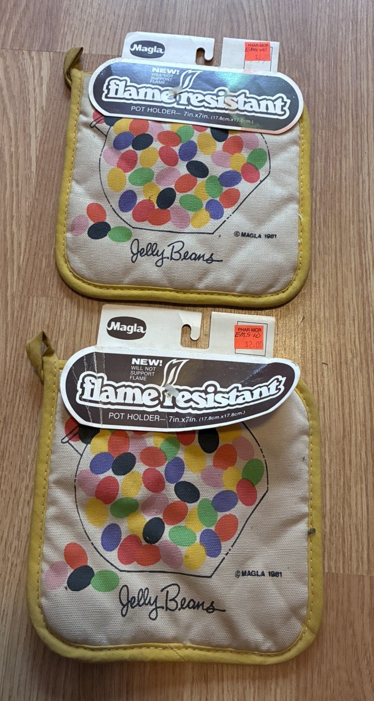 Lot of 2 VTG MAGLA 1981 Jelly Beans In Glass Jar Pot Holder Kitchen Decor Yellow Lot of 2 VTG MAGLA 1981 Jelly Beans In Glass Jar Pot Holder Kitchen Decor Yellow