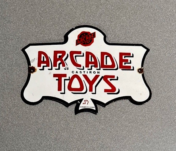 VINTAGE 1937 ARCADE TOYS PORCELAIN SIGN CAR GAS OIL TRUCK MOTORCYCLE