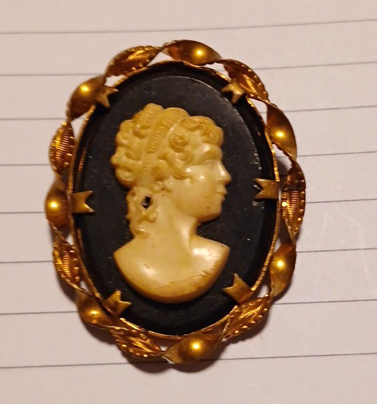 Oval Cameo Portrait Brooch Pin Gold Tone Frame Black Background Cream Detail Oval Cameo Portrait Brooch Pin Gold Tone Frame Black Background Cream Detail