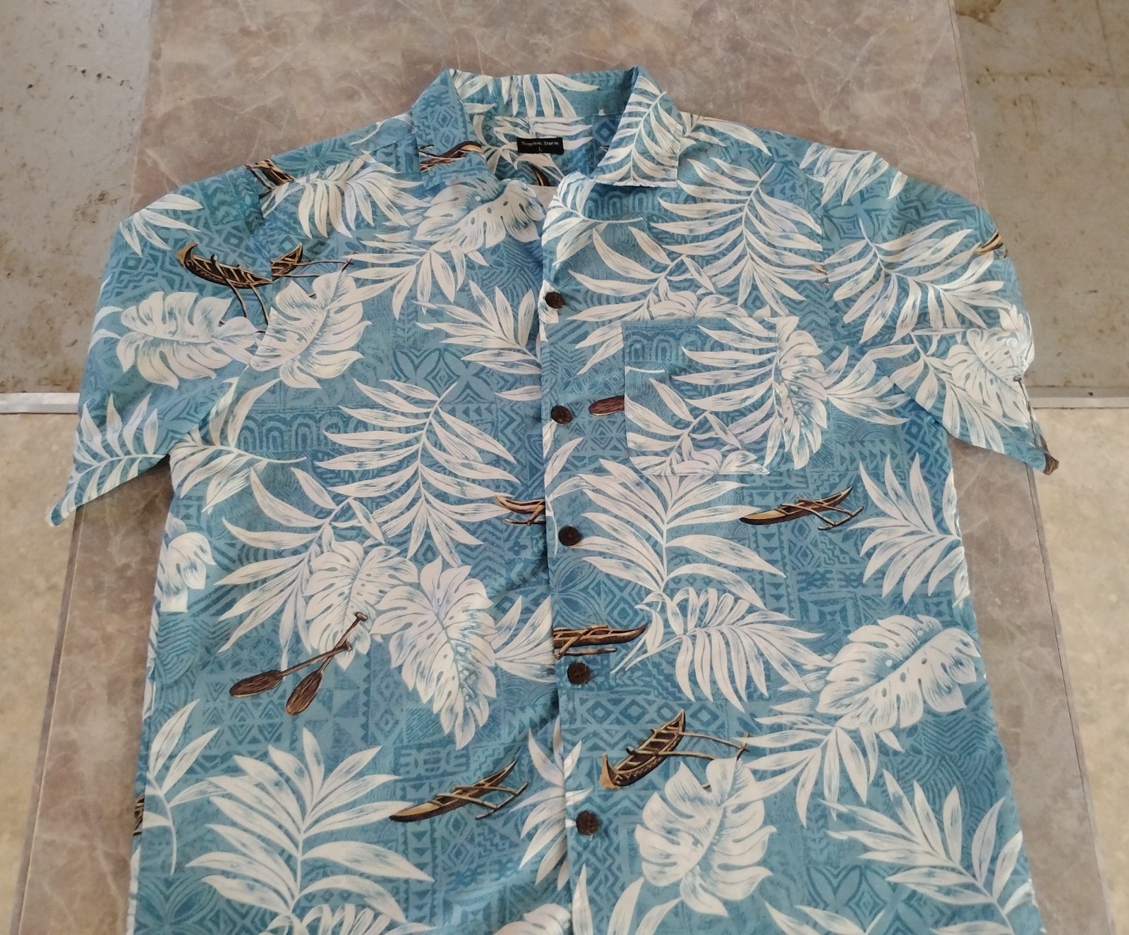Tropical Storm Mens Button-up Shirt Large, Polynesian Flower/ Canoe Design