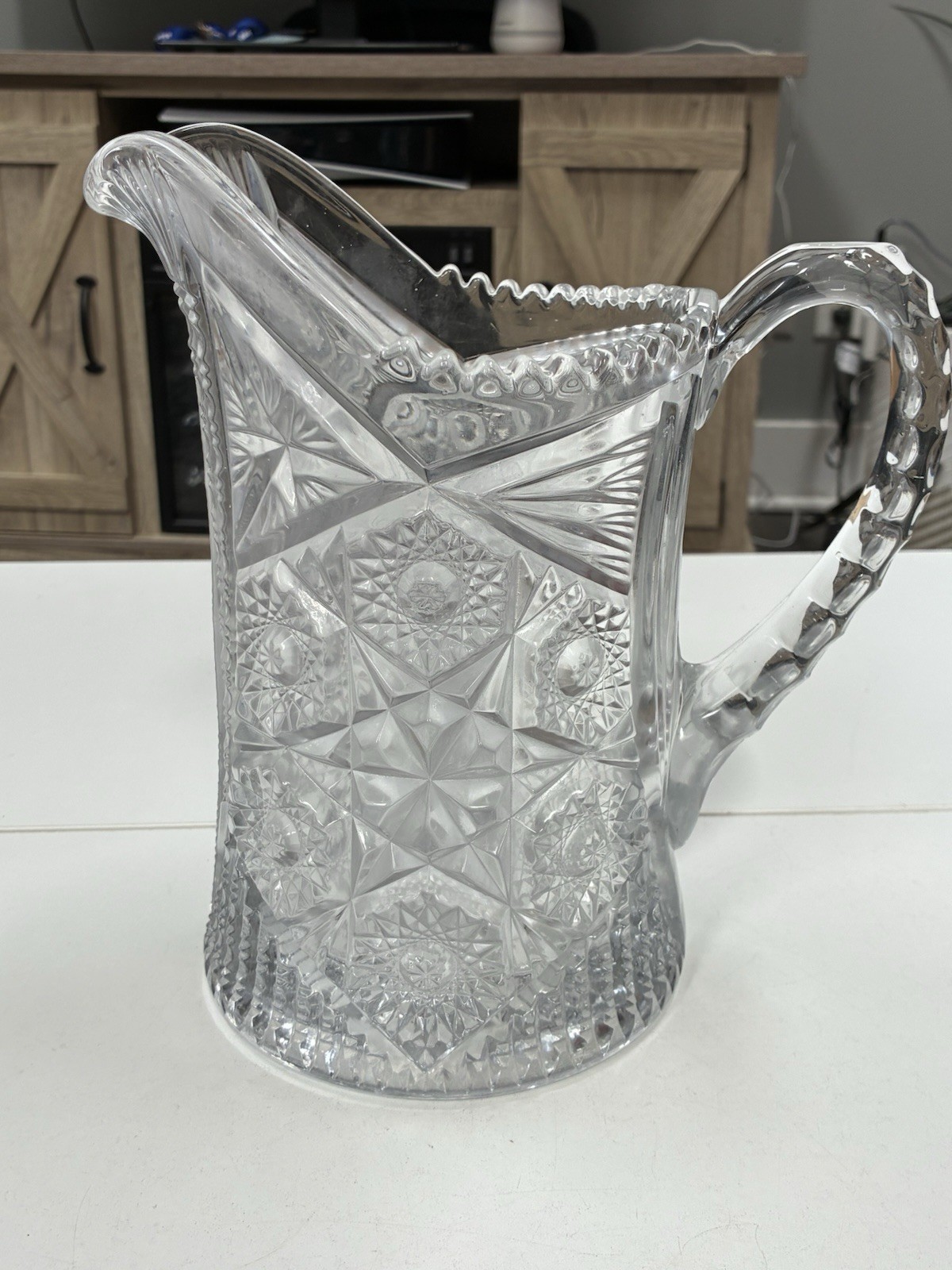 Imperial NUCUT Glass Water Pitcher Antique EAPG Hobstar Sawtooth Rim 9” Heavy