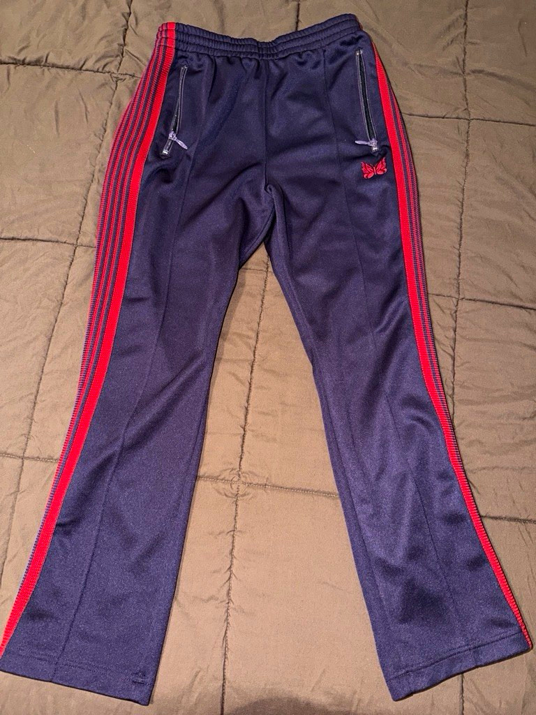 Needles Men\'s Purple/Red Striped Track Pants Drawstring Elastic Zip Pocket XS Needles Men\'s Purple/Red Striped Track Pants Drawstring Elastic Zip Pocket XS