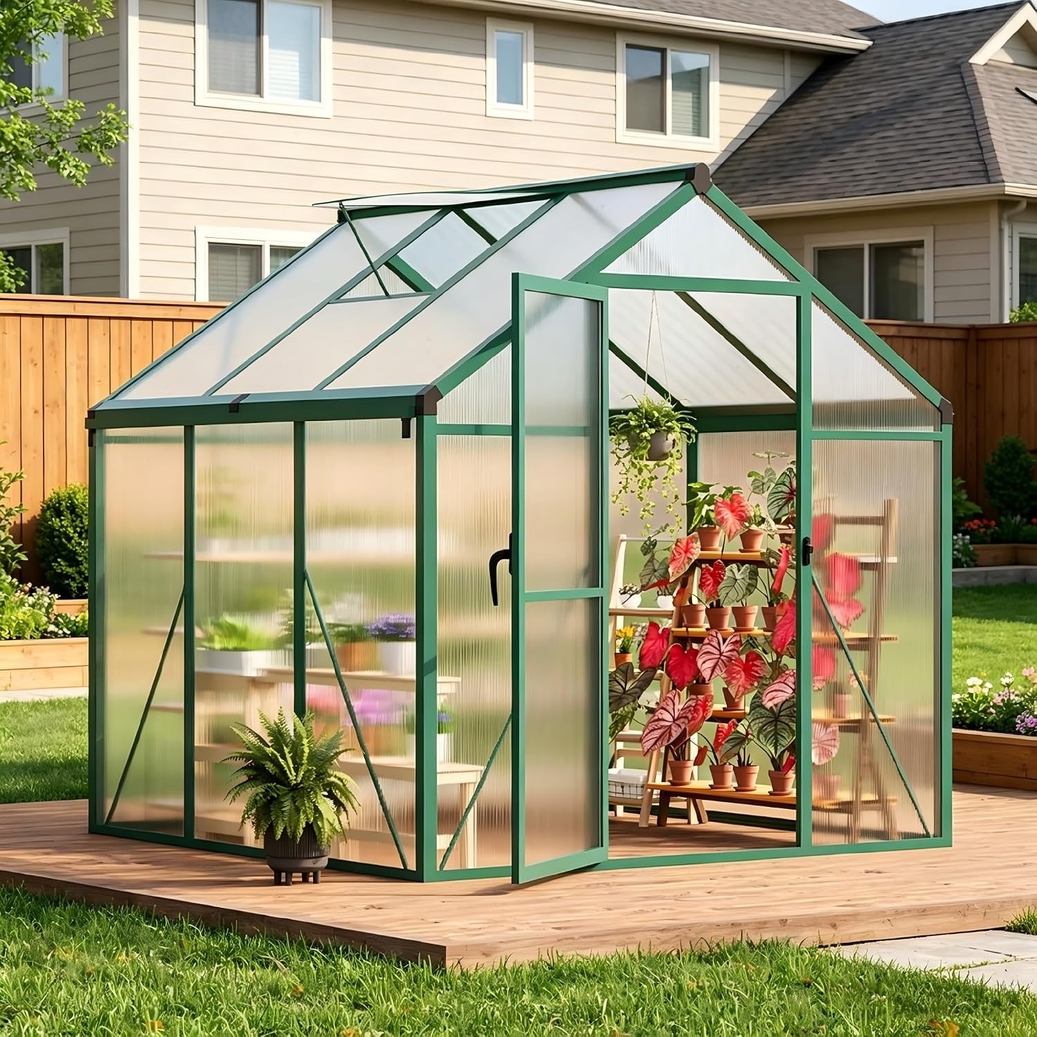 6x6ft Walk-in Greenhouse Metal Frame PC Panel Roof Vent Lockable Plant Gardening