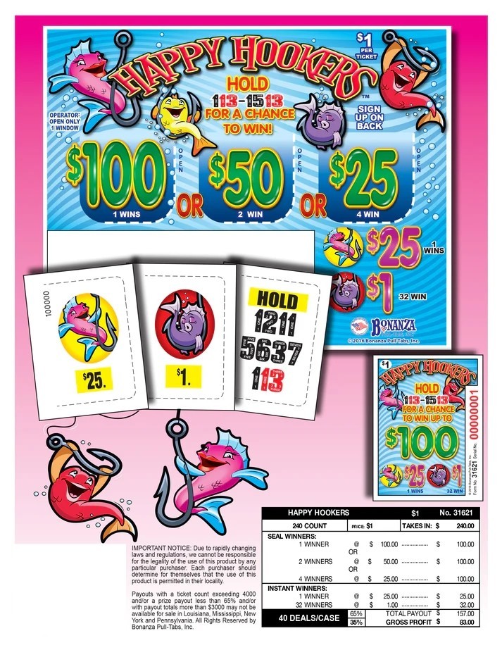 Pull Tab Tickets - Happy Hookers (5 pack) - Seal Game - 240 Count Per Deal Pull Tab Tickets - Happy Hookers (5 pack) - Seal Game - 240 Count Per Deal