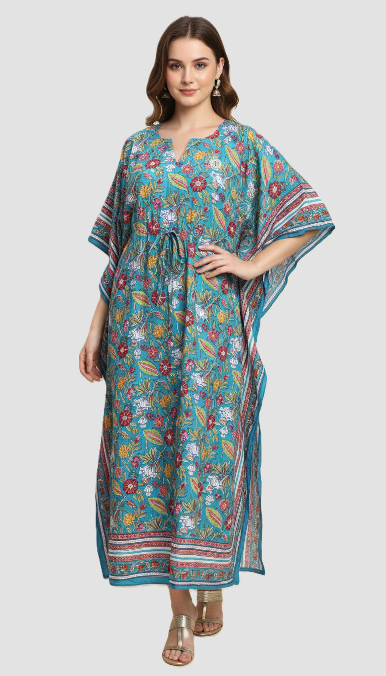 Anokhi Women\'s Kaftan Dress Floral Boho Blue Tunic Cover Up Sheer One Size Anokhi Women\'s Kaftan Dress Floral Boho Blue Tunic Cover Up Sheer One Size