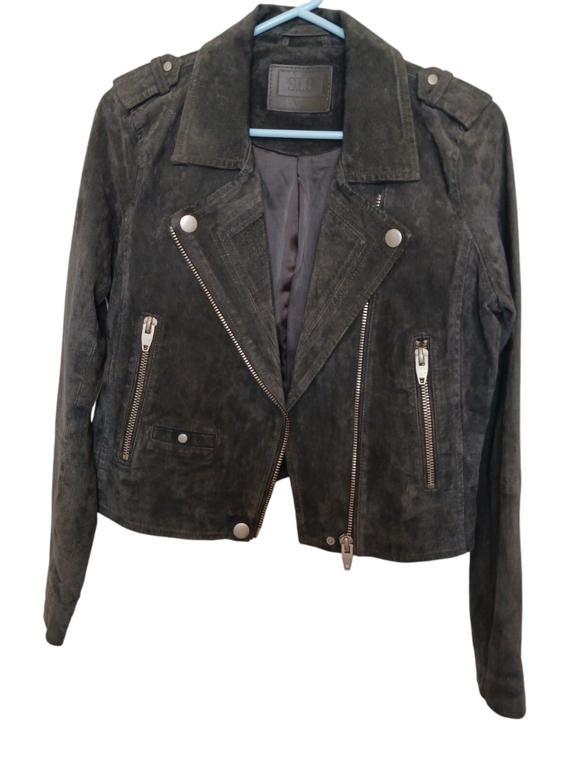 SL8 Blank NYC Gray Green suede leather moto jacket biker casual women’s small 