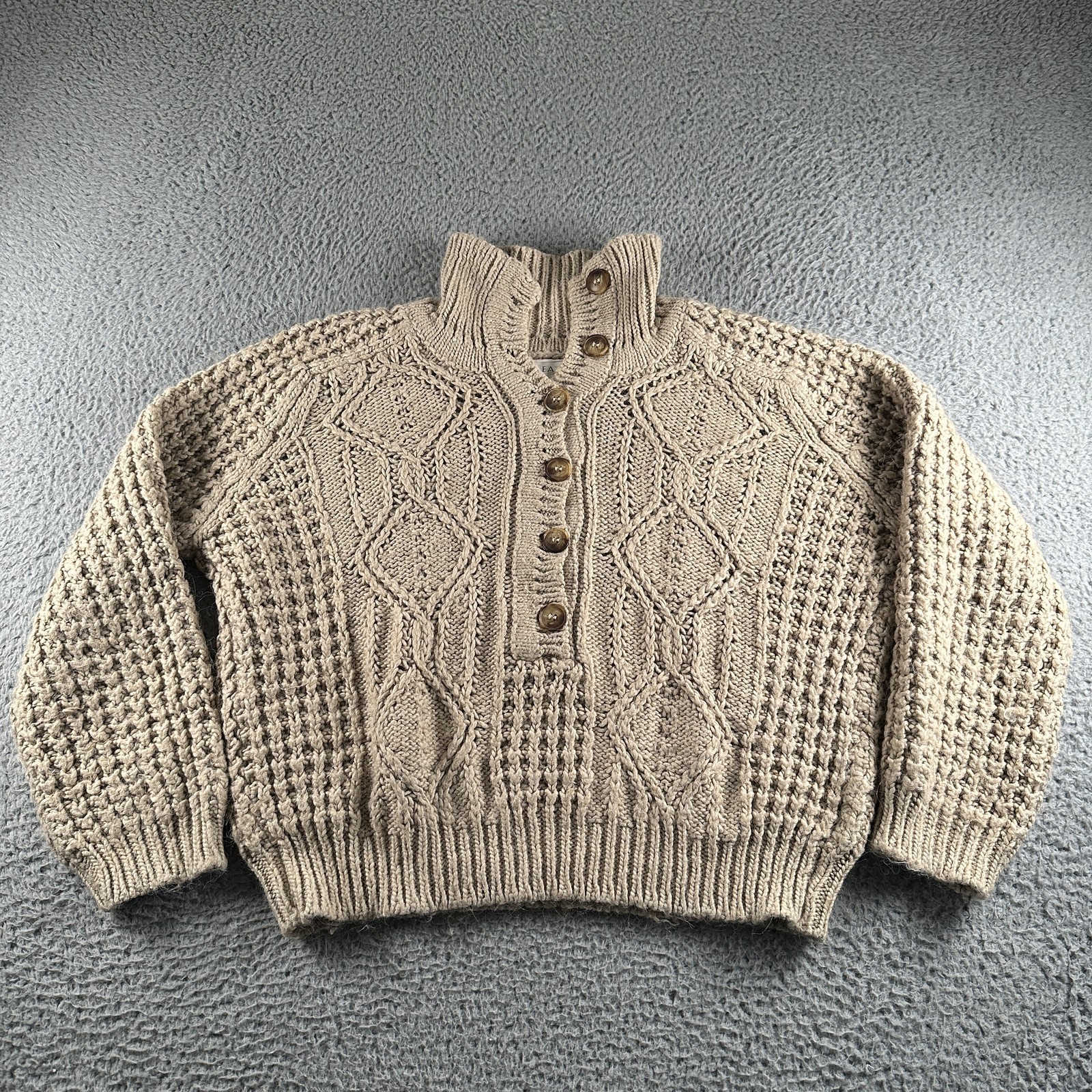 THE GREAT Henley Sweater Womens 1(S) Beige Acrylic Wool Alpaca Cable Knit Italy