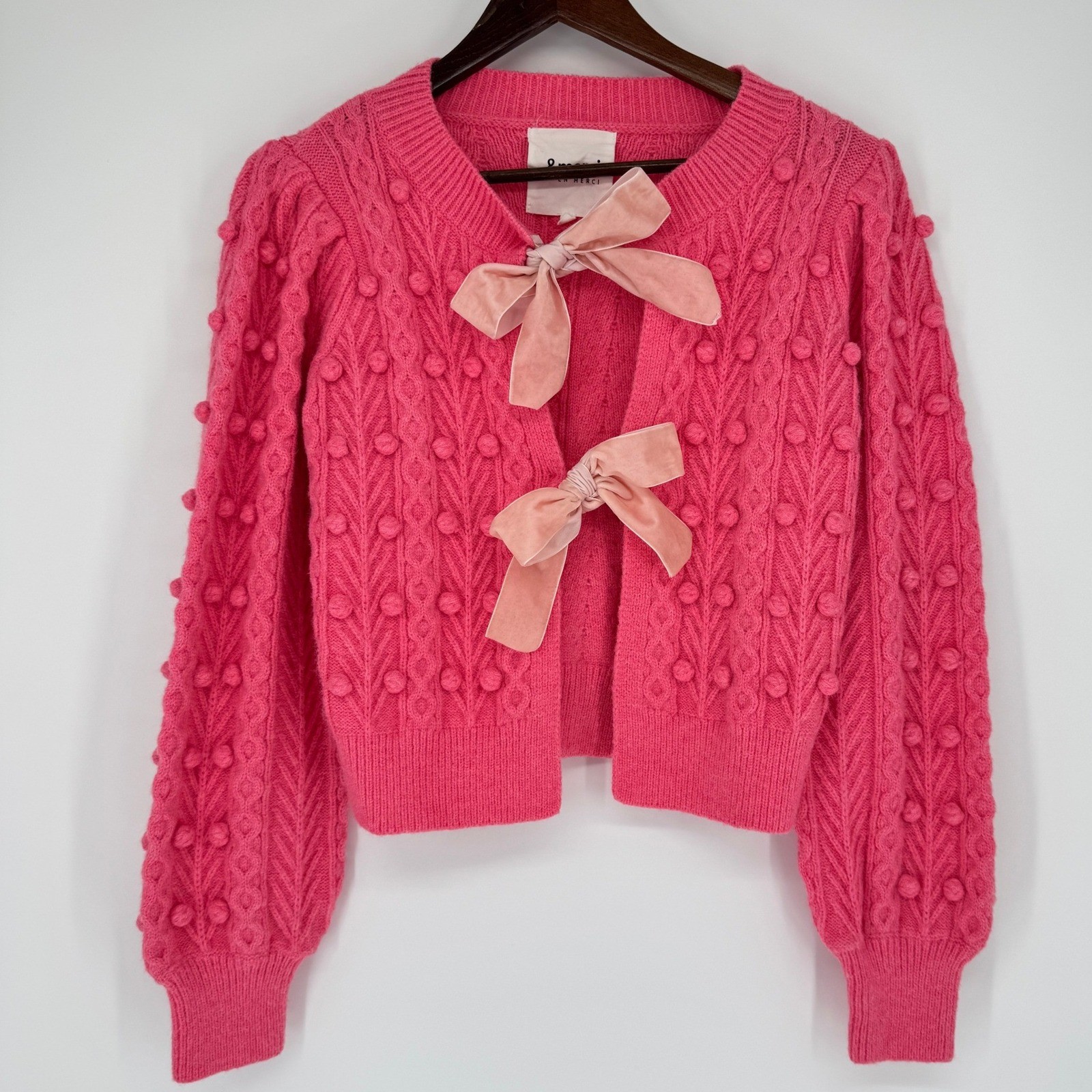 &merci Pink Velvet Bow Cable Knit Bobble Cardigan Sweater S Coquette Balletcore