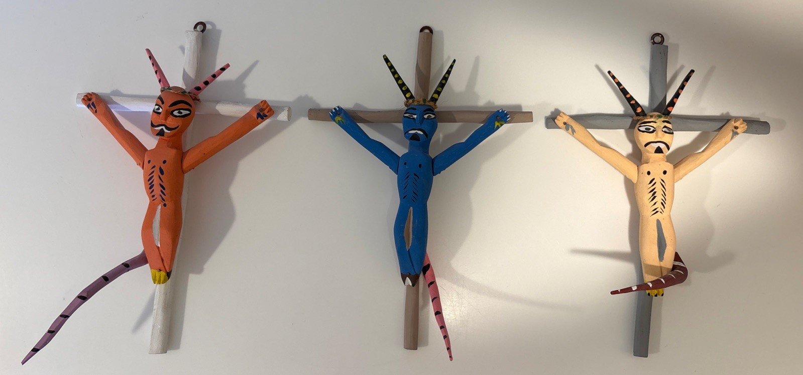 Devil on Cross Mexican Folk Art Diablo Lucifer Oaxaca Wood Carving Hanging Set 3