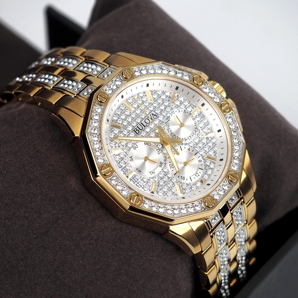 Men\'s Bulova Octava Crystal Gemmed Dial Gold Stainless Steel Quartz Watch 98C126