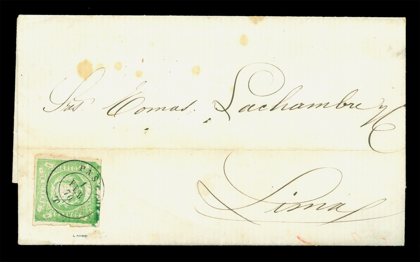 PERU 1868 Coat of Arms 1d green Sc# 14 used XF folded letter \ PERU 1868 Coat of Arms 1d green Sc# 14 used XF folded letter \
