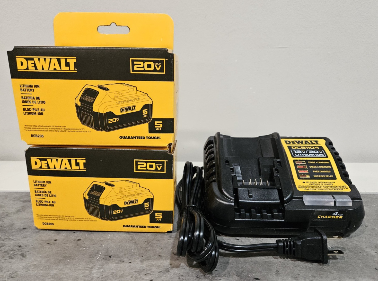 New DeWALT 20V Volt Max DCB205-2C (2 DCB205 Batteries & 1 DCB1104 Charger) New DeWALT 20V Volt Max DCB205-2C (2 DCB205 Batteries & 1 DCB1104 Charger)