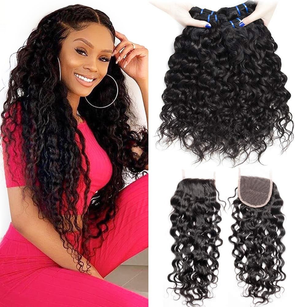 Water Wave 3 Bundle with Closure Curly Wet Wavy Bundles Human Hair with closure