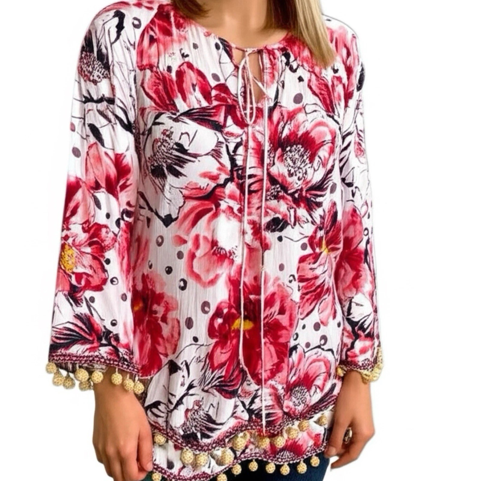 Soft Surroundings Floral Boho Pom Pom Tunic Top