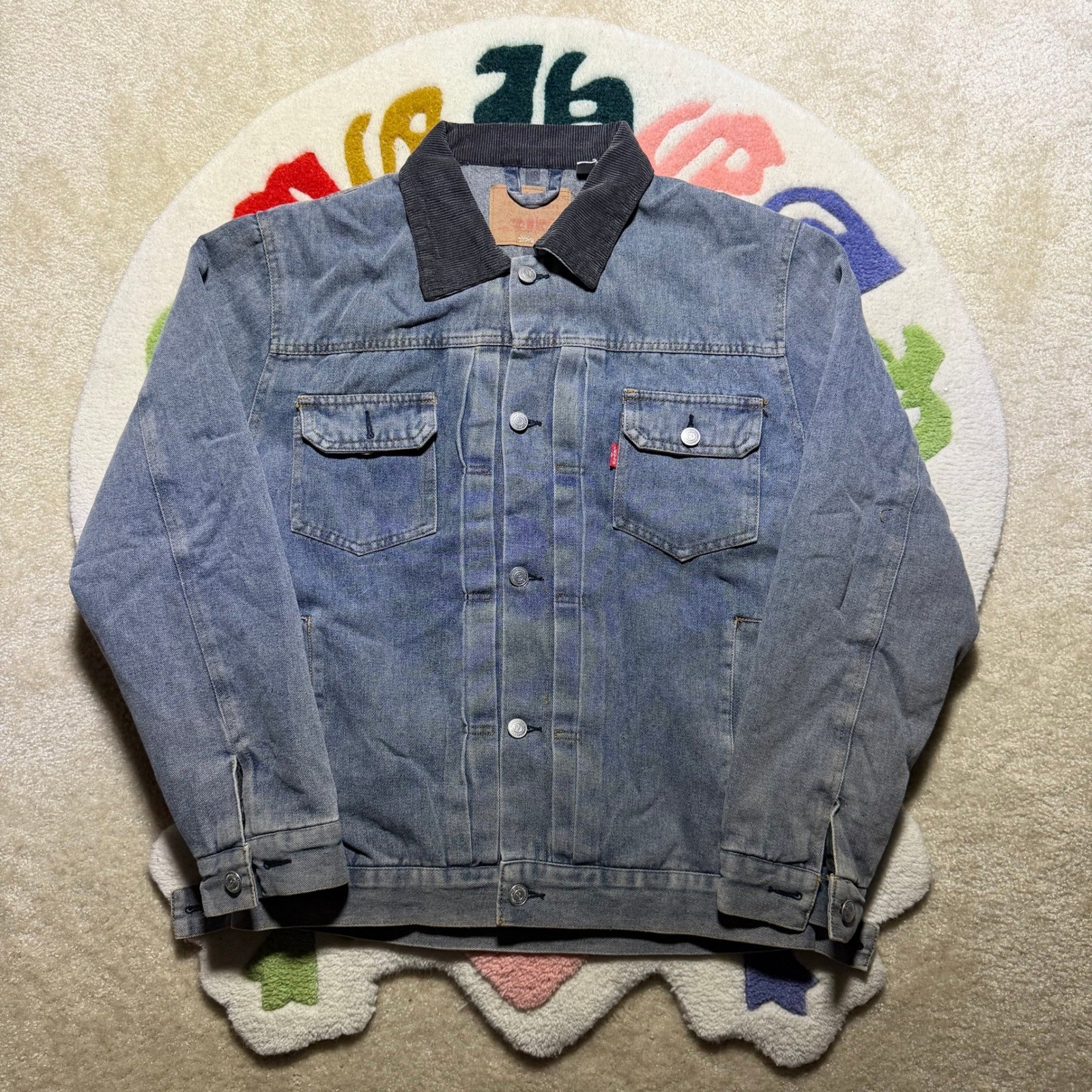 Levis x Stussy Trucker Jacket Medium Blue Denim 8 Ball Blanket Lined Size M