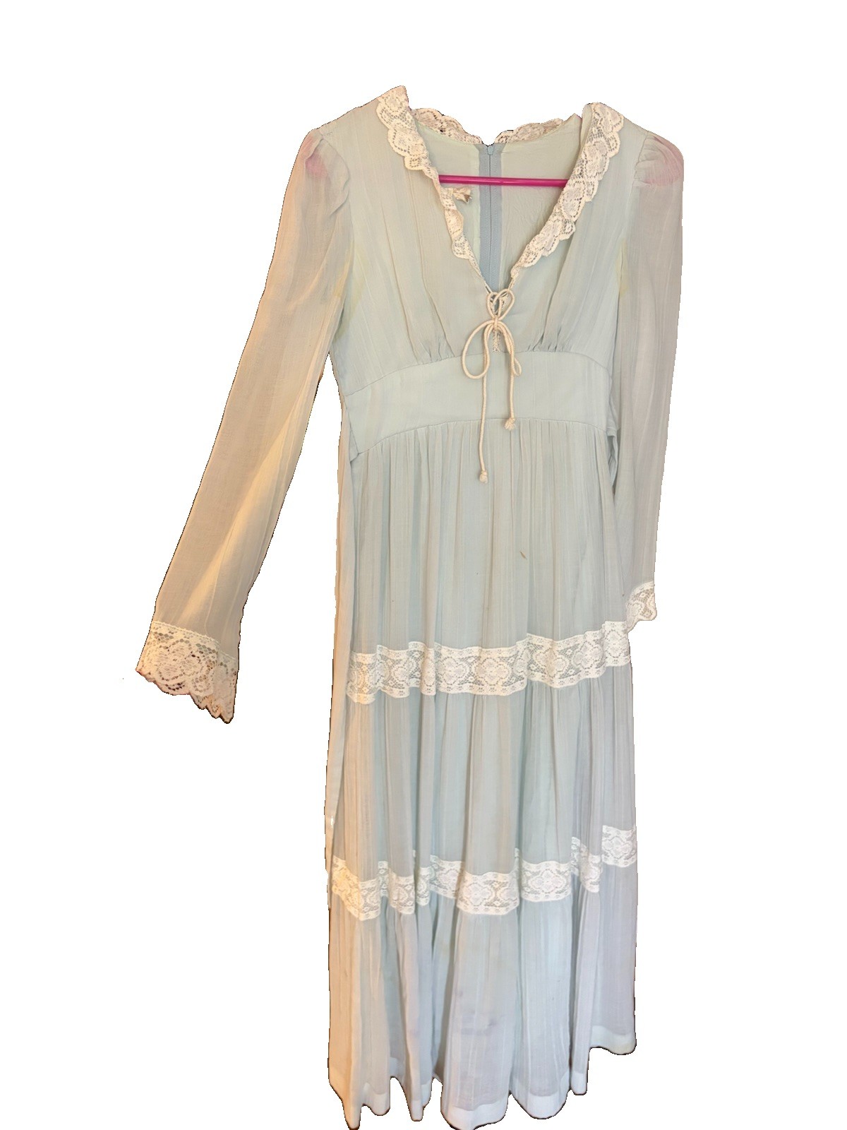 Vintage 1970s Prairie Dress Roberta California Lace Light Blue Cottagecore