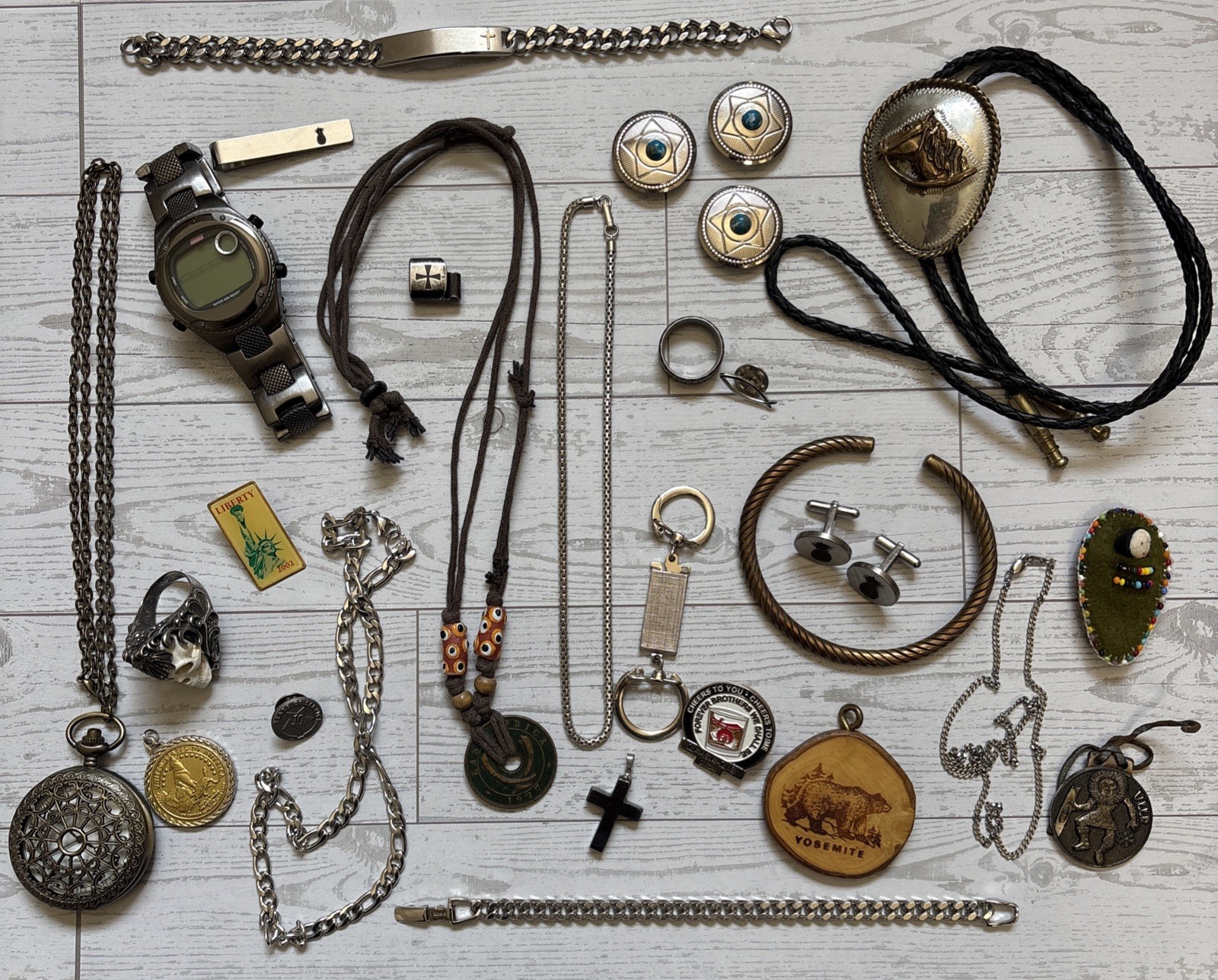 Vintage Grandpa’s Travel Souvenir Drawer Southwest Bolo Tie Coins Cross Skull
