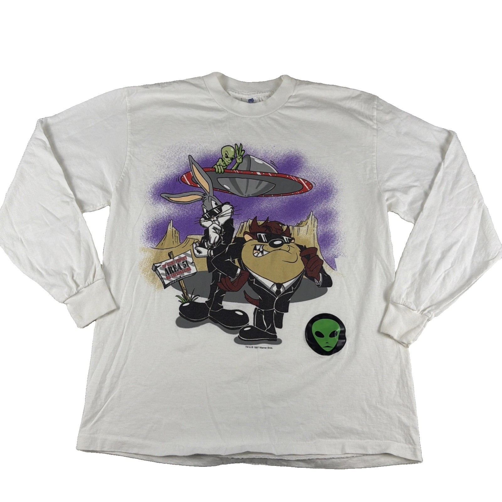 Vtg 1997 Looney Tunes Bugs Bunny Taz Alien Area51 Long Sleeve Shirt White Lg
