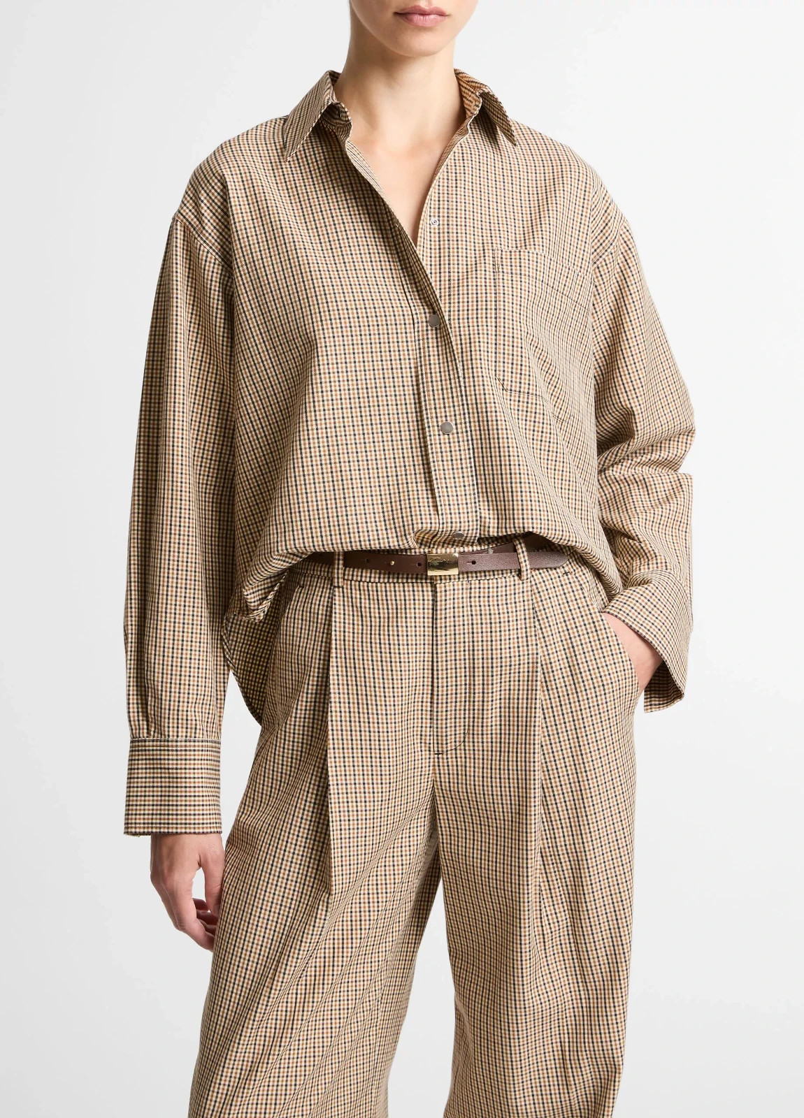 NEW Vince Light Wheatstone Check Boxy Fit Cropped Shirt Sz M NWT $368