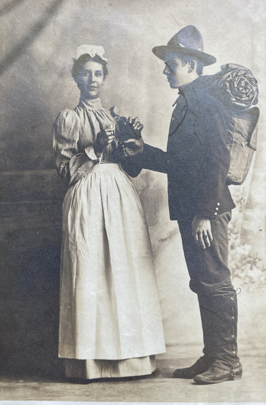 Nurse & Young Man in Uniform Looks like a Staged Photo Anitque Vintage Photo