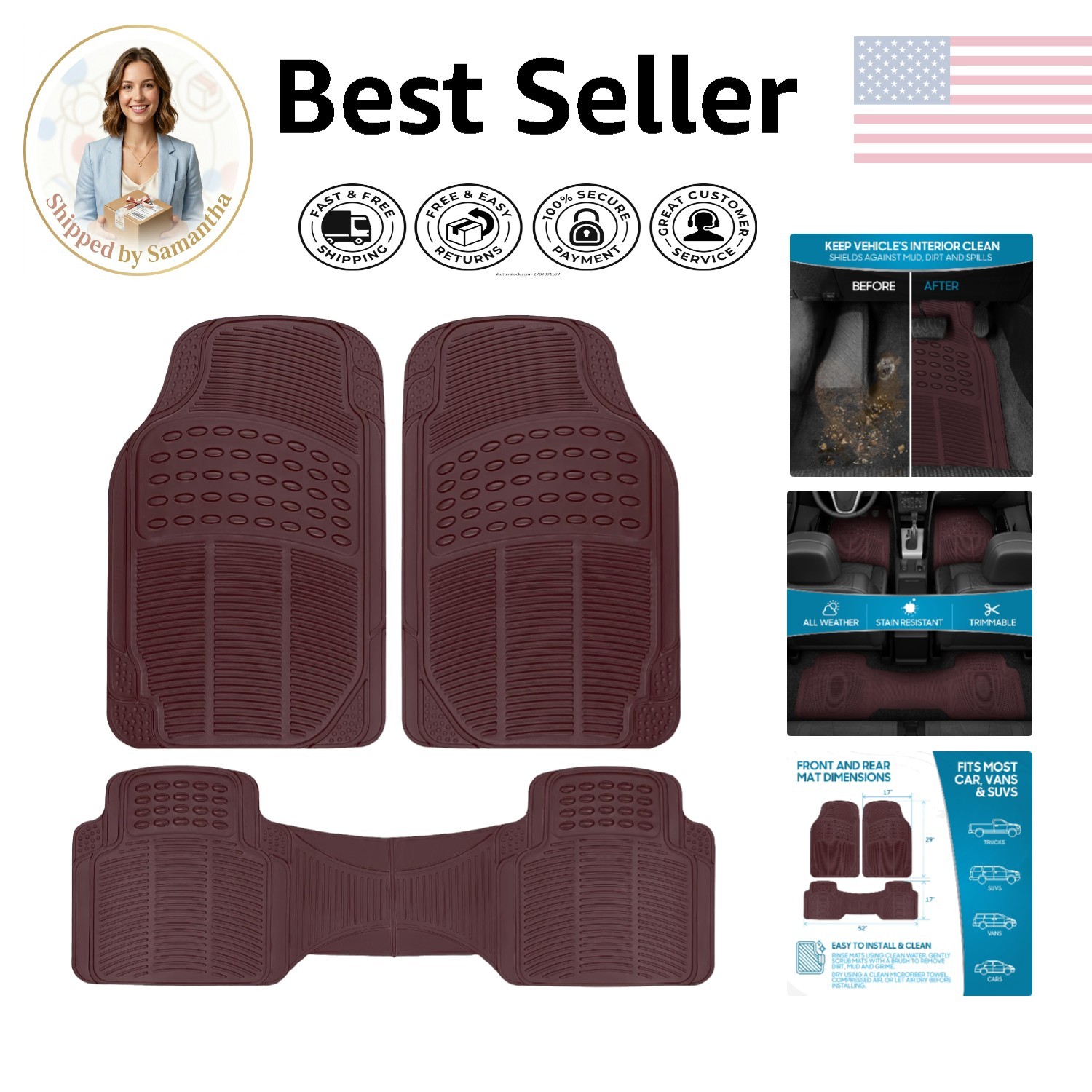 Universal Fit ProLiner Car Mats - 3pc Burgundy Heavy Duty All-Weather Protection