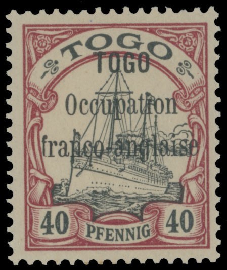 1914, TOGO FRENCH OCCUPATION, BLACK OVPT ON YACHT 40PF, NH, RARE, SC. #161