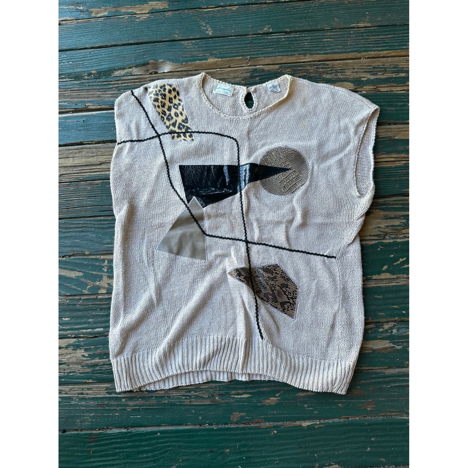 Vintage Margules Beige Knit Sweater Vest Animal Print Patchwork Ramie Cotton S