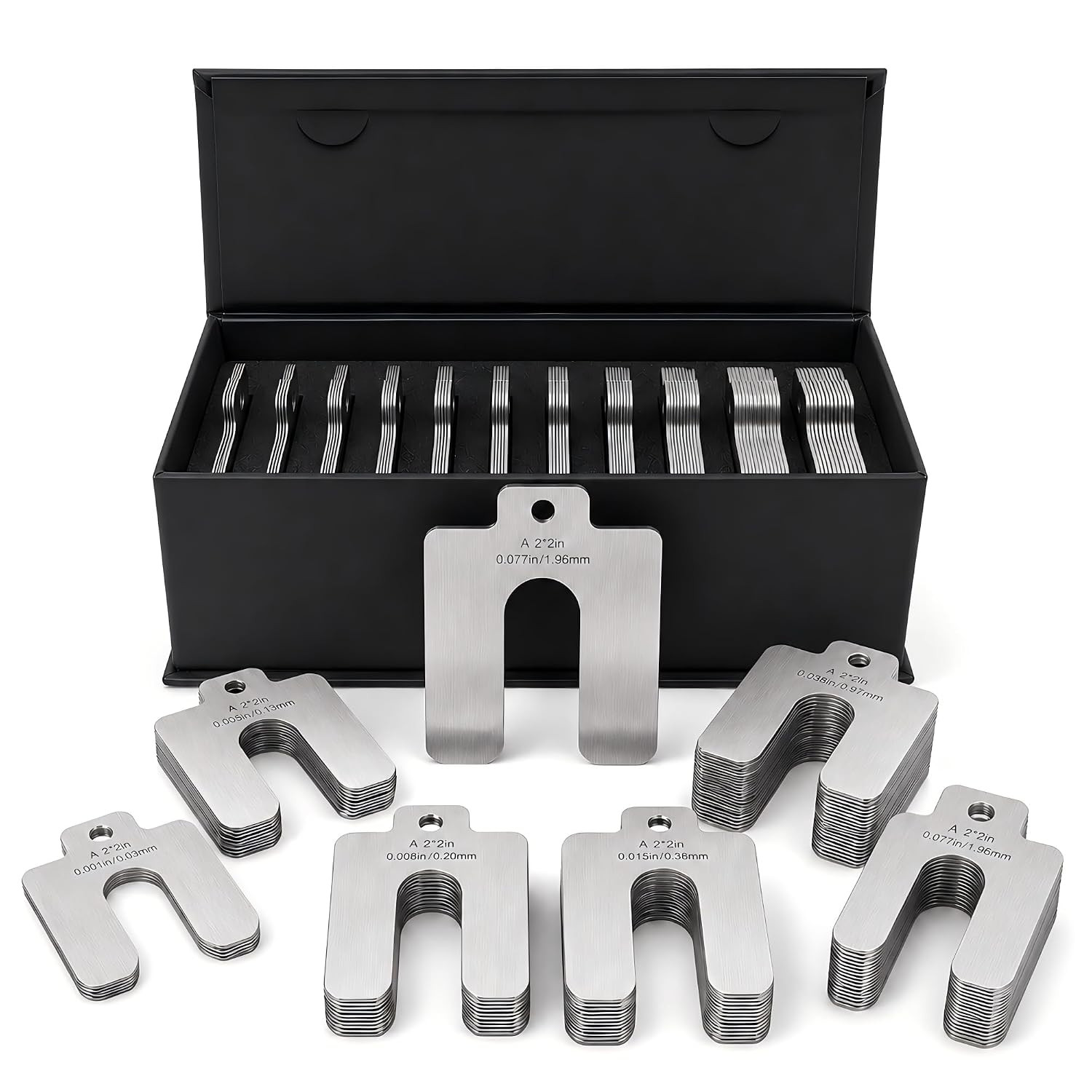 304 Stainless Steel Shim Kit, 100-Piece 2 X 2 Inch Slotted Shims | 10 Thicknesse
