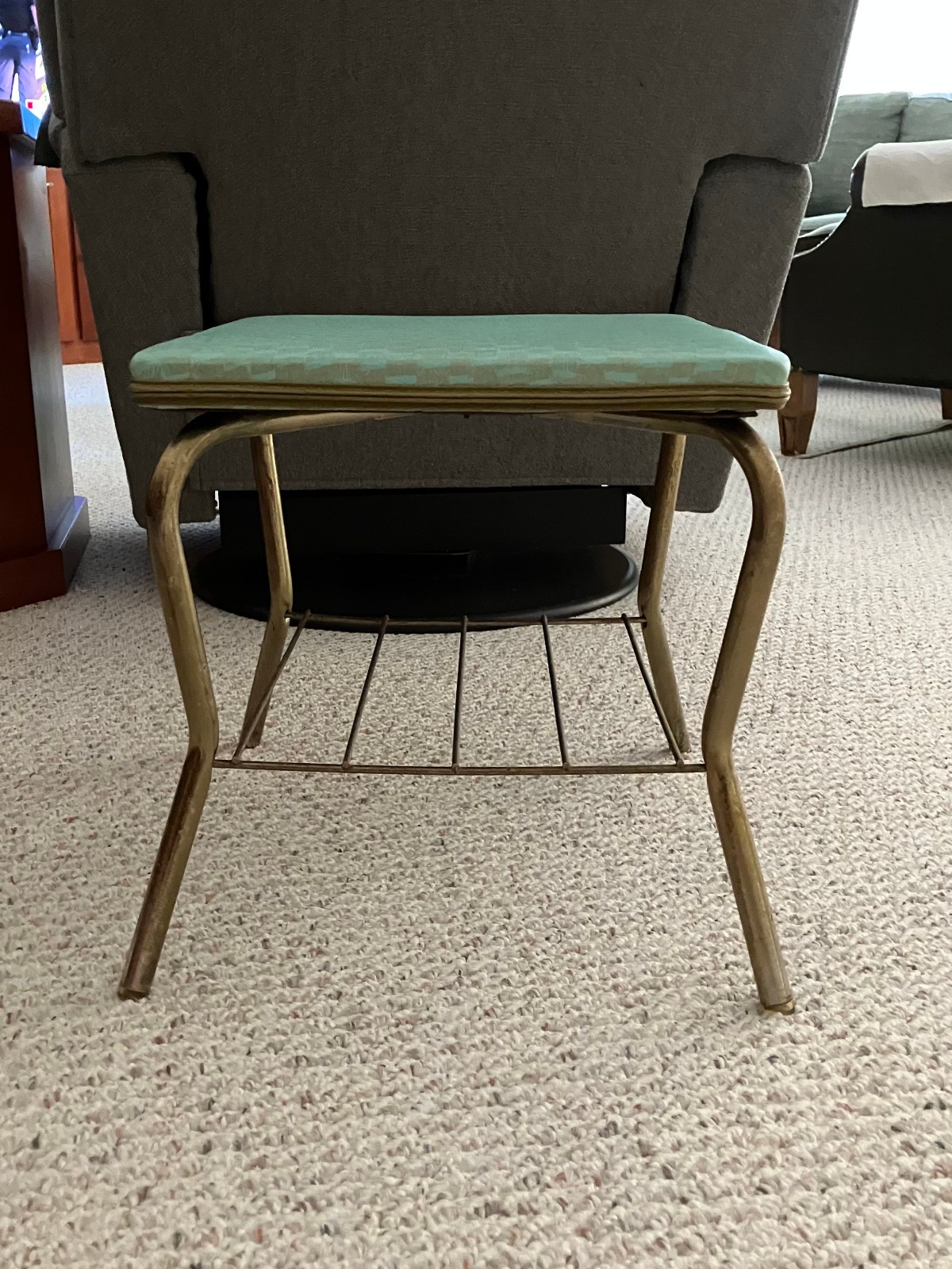 Vtg MCM Brass Legs with Underneath Rack Vinyl Covered Footstool; 15\