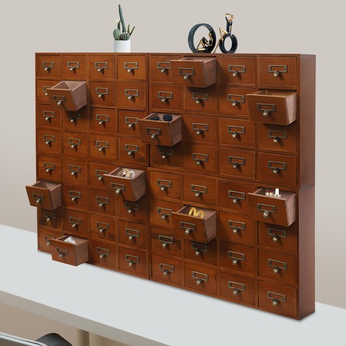 Vintage Pine 64-Drawer Tabletop Storage Cabinet Brown 4×16 Drawers