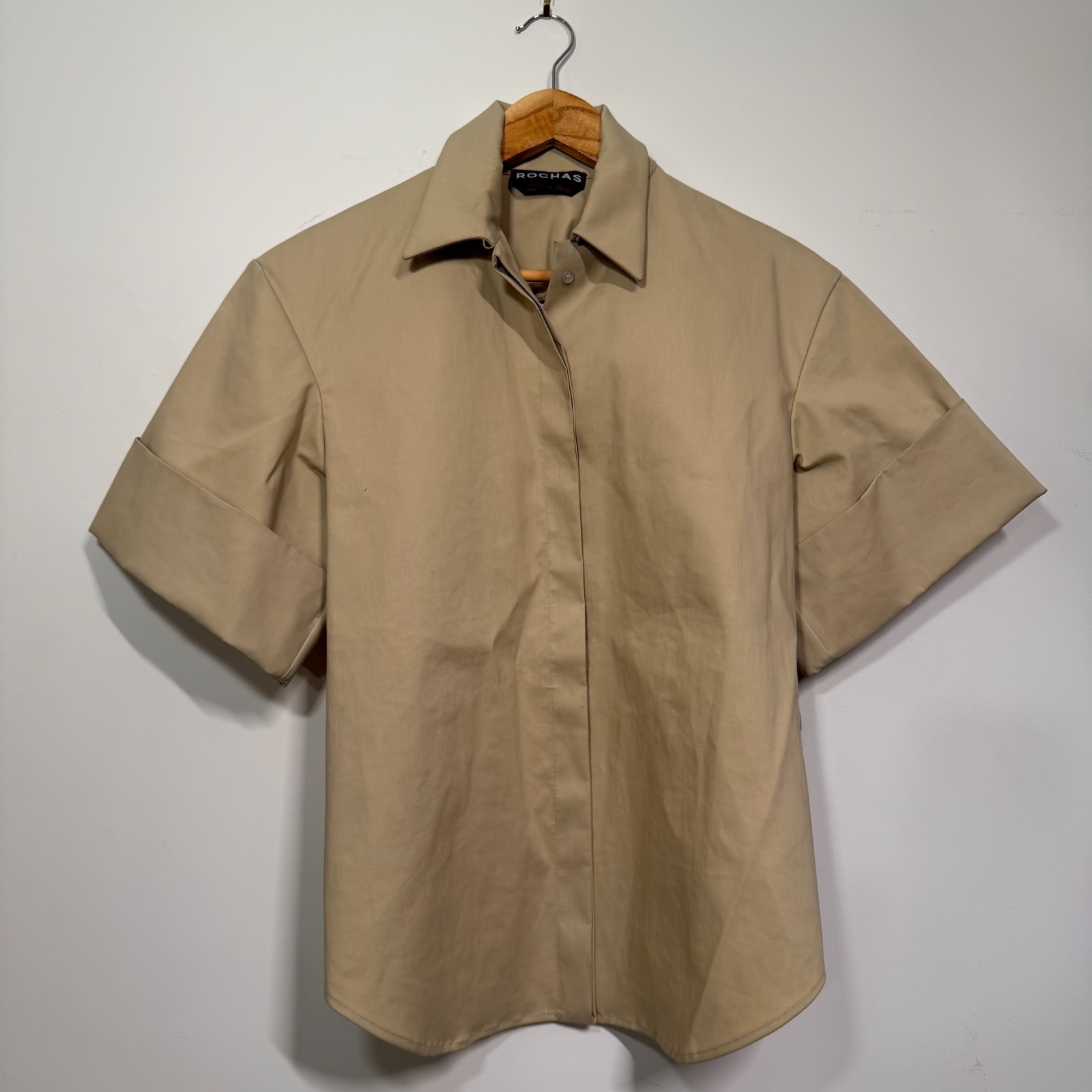 VTG Rochas Taupe Open-Back Button-down Short-Sleeve Shirt VTG Rochas Taupe Open-Back Button-down Short-Sleeve Shirt