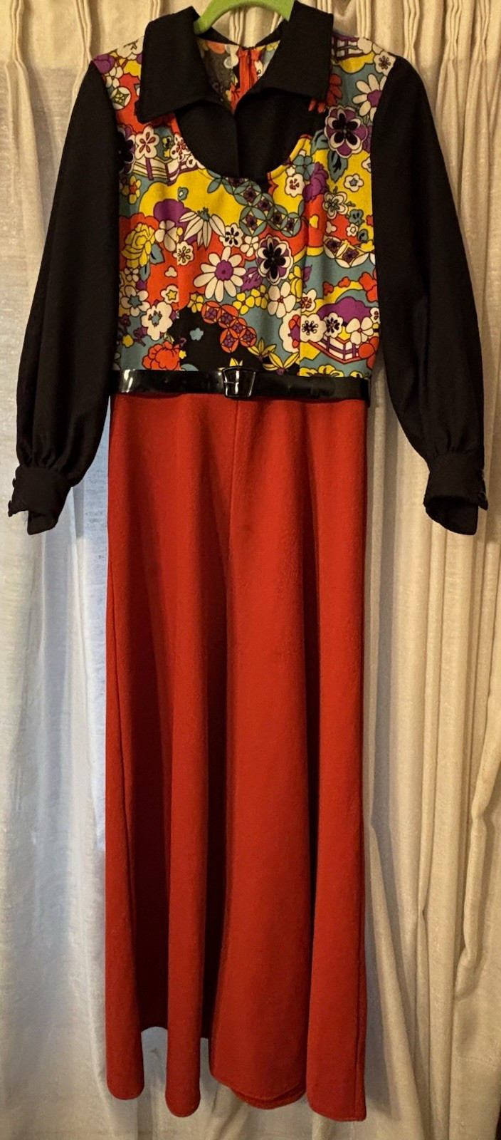 Handmade 1970s Disco Floral Long Dress Orange/Black Polyester