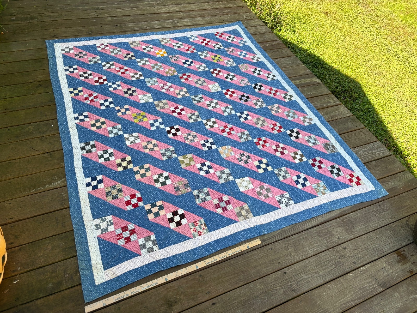 Antique Early 1900s 9 Nine Patch Variation Quilt Blue Red and White + 86'' x 75 Antique Early 1900s 9 Nine Patch Variation Quilt Blue Red and White + 86'' x 75