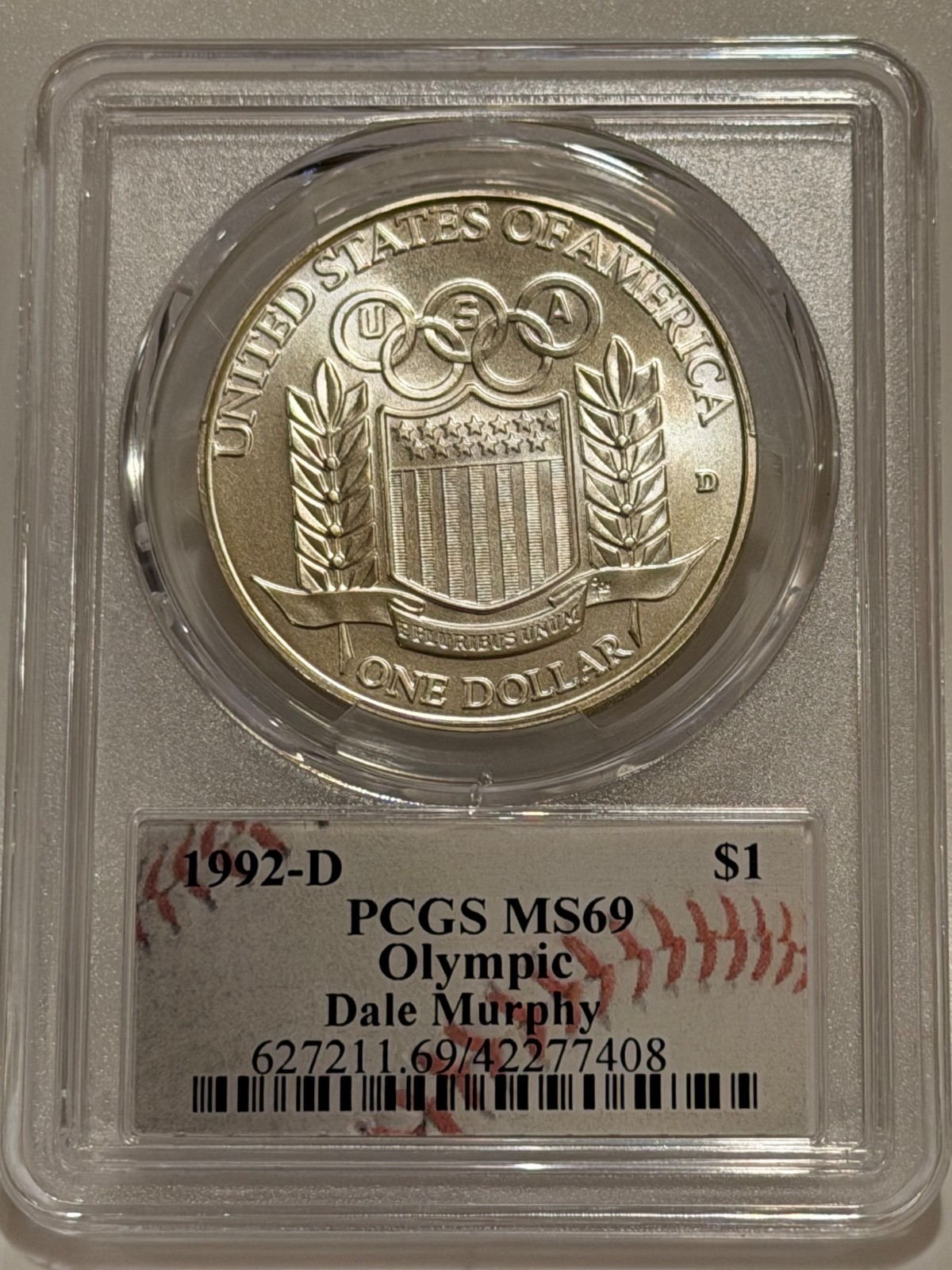 1992 D Los Angeles XXV Olympic Silver Dollar PCGS MS69 Dale Murphy Sig Label 1992 D Los Angeles XXV Olympic Silver Dollar PCGS MS69 Dale Murphy Sig Label