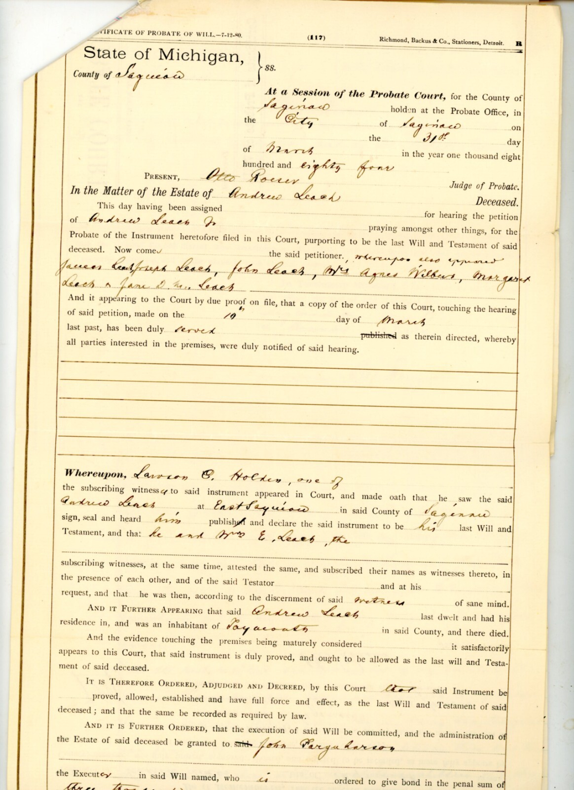 1884 Signed Court Document Saginaw Michigan Judge Otto Roeser Andrew Leach