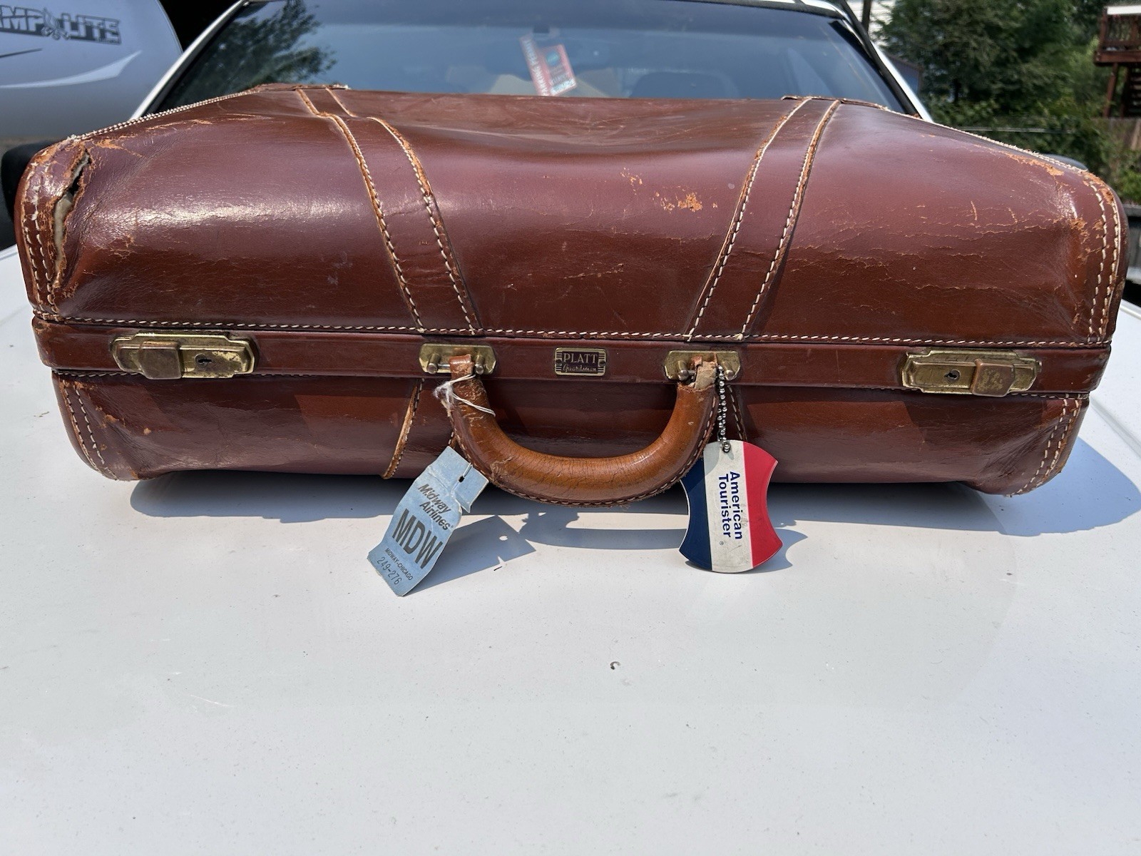 VTG 50’s Leather Luggage Case Suitcase Red Brown Cowhide Rare 21x15x7