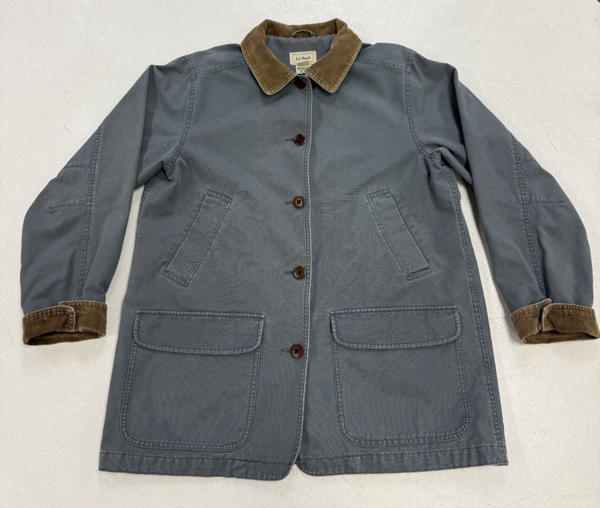 Vintage LL Bean Womens Large Barn Chore Coat Blue Canvas Corduroy Collar 90s