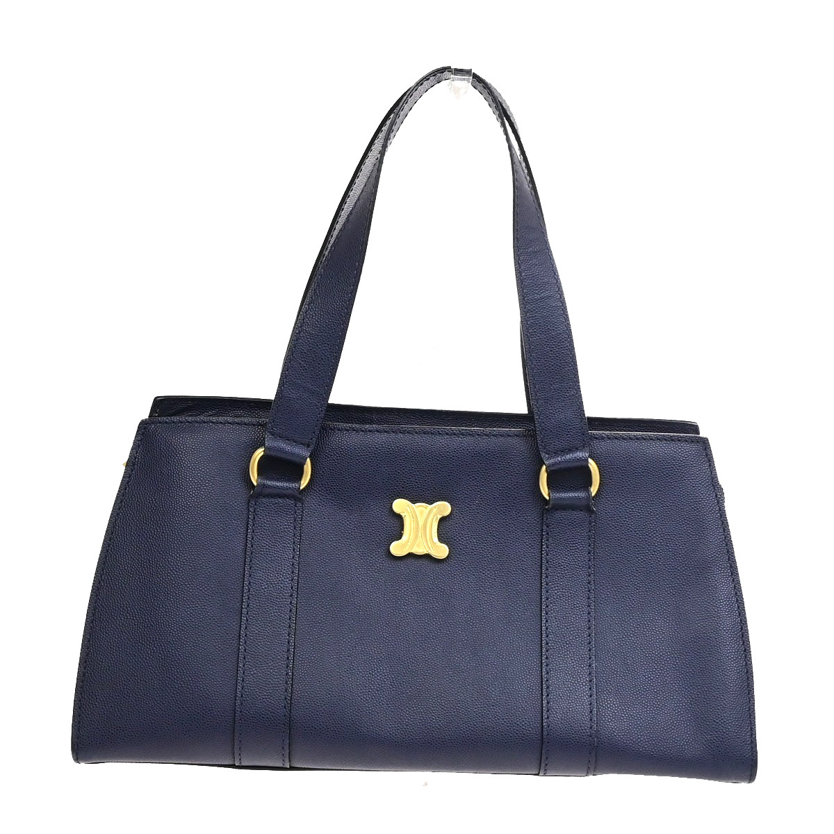 CELINE Logo Shoulder Hand Bag Grained Leather Navy Blue GHW Italy 65KD114