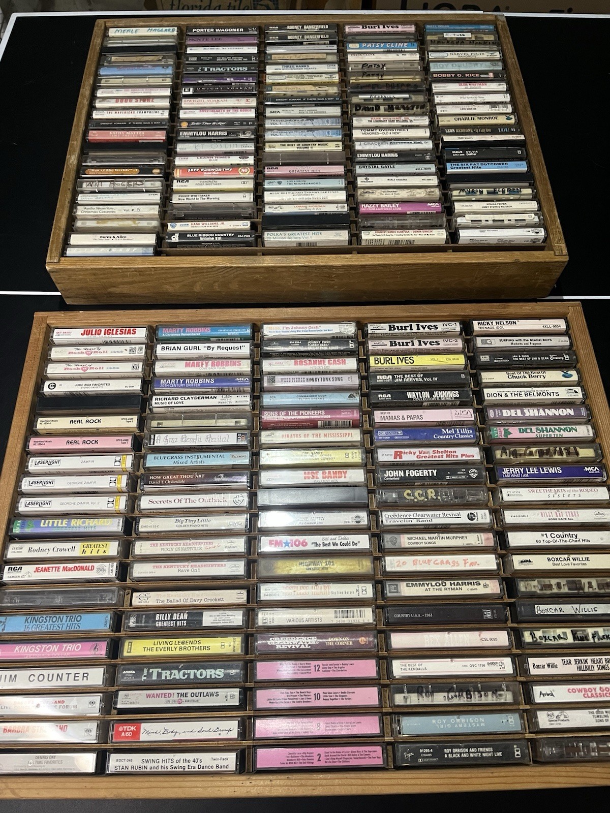 Huge Vintage Cassette Tape Collection with 2 Wooden Wall-Mount Storage Racks