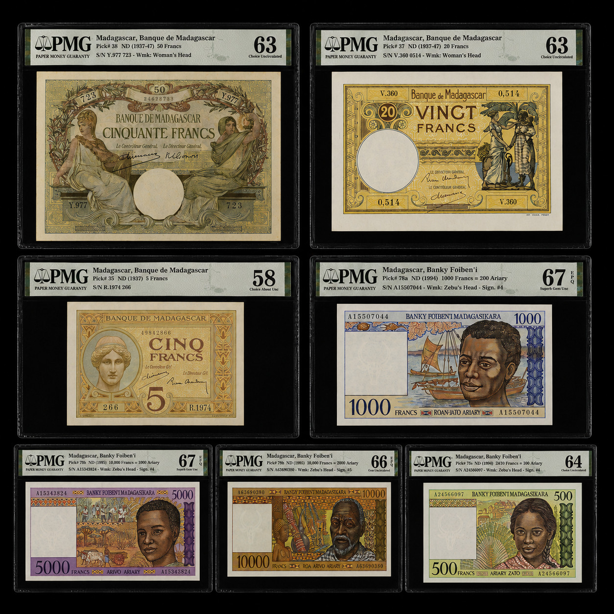 Madagascar 50 Francs 1937-47 P38 PMG 63 CU, 20 Fr P37, 5 Fr P35 200 500 &1 5 10K