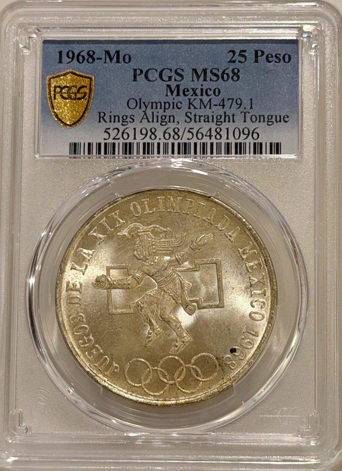 1968 Mo Mexico Olympic Silver 25 Pesos PCGS MS68 Rings Align/Straight Tongue 1968 Mo Mexico Olympic Silver 25 Pesos PCGS MS68 Rings Align/Straight Tongue