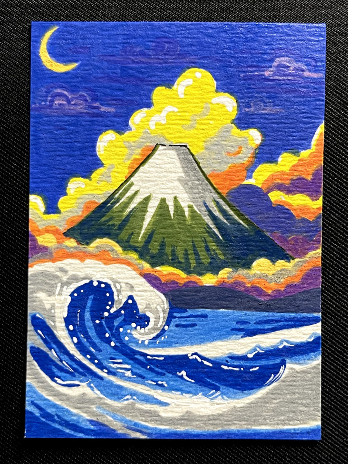ACEO Original, Abstract Volcano View Waves & Clouds Art Painting, by Annibbie ACEO Original, Abstract Volcano View Waves & Clouds Art Painting, by Annibbie