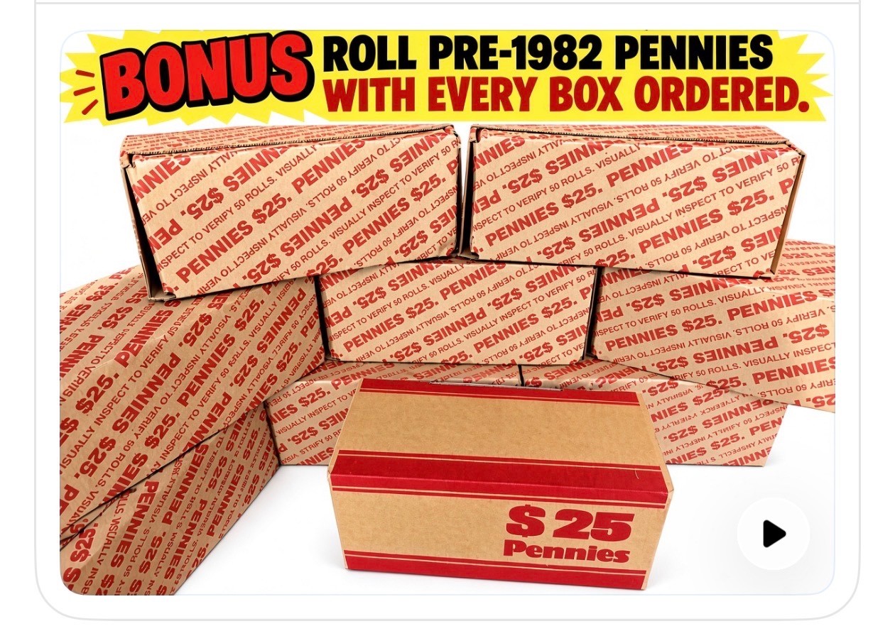 SEALED $25 BANK BOX 2,500 LINCOLN PENNIES – 50 ROLLS – UNSEARCHED – COPPER & SEALED $25 BANK BOX 2,500 LINCOLN PENNIES – 50 ROLLS – UNSEARCHED – COPPER &