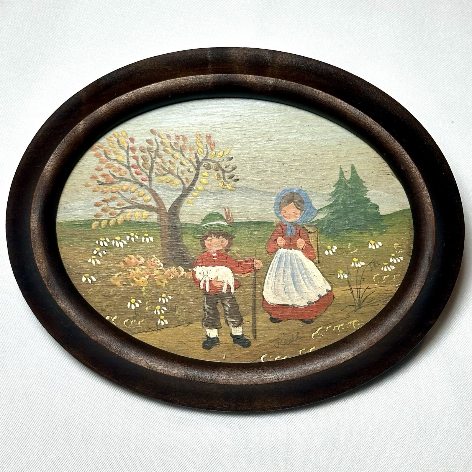 Vintage Signed Folk Art Painting on Wood Shepherd Lamb Pastoral Miniature Oval