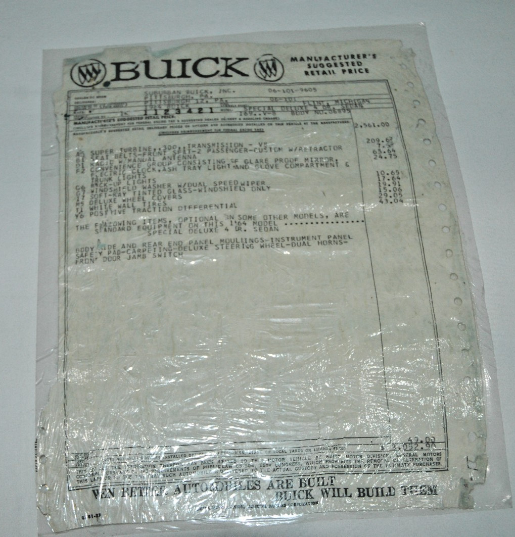 1964 BUICK SPECIAL DELUX 4 DR SEDAN Window Price Sticker