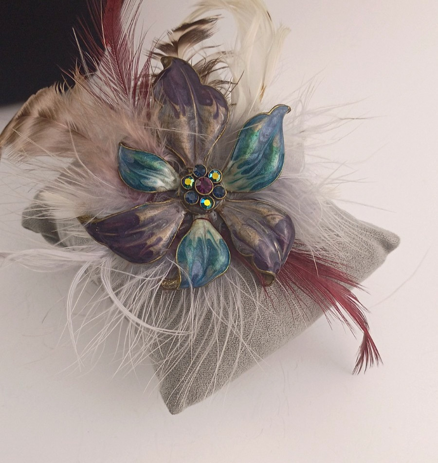 Vintage 1940s Teal & Purple Enameled Feathered Flower Crystal Brooch