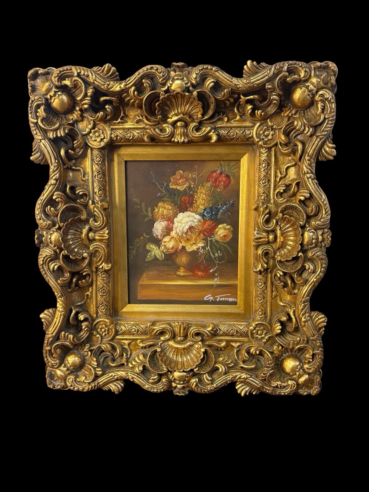 Signed Floral Still Life Painting Ornate Gold Gilt Frame 19” x 17”