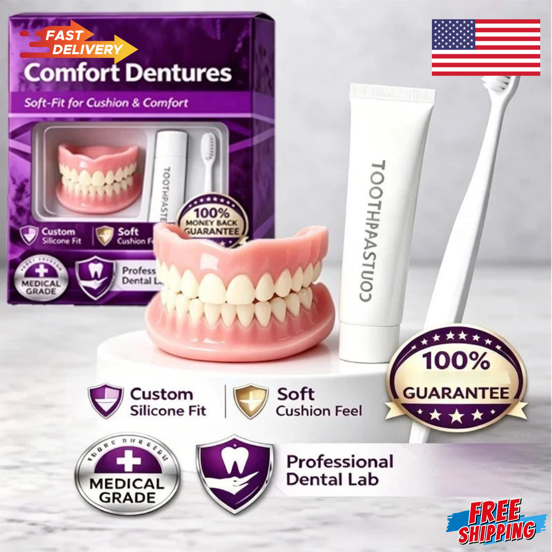 Moldable Silicone Dentures Upper Lower False Teeth Set Instant Smile Toothbrush 