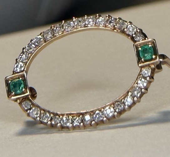 Antique Victorian 14k Yellow Gold Old Mine Cut Diamonds & Emeralds Oval Brooch