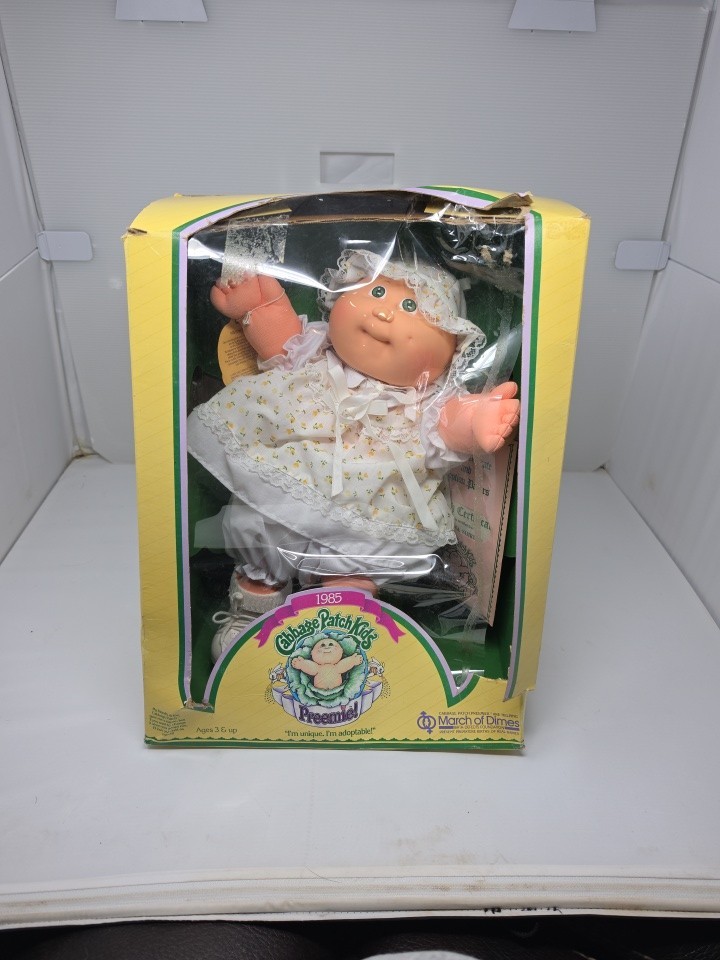 Vintage 1985 Cabbage Patch Kids Preemie Doll Justina Shirlee NIB Green Eyes